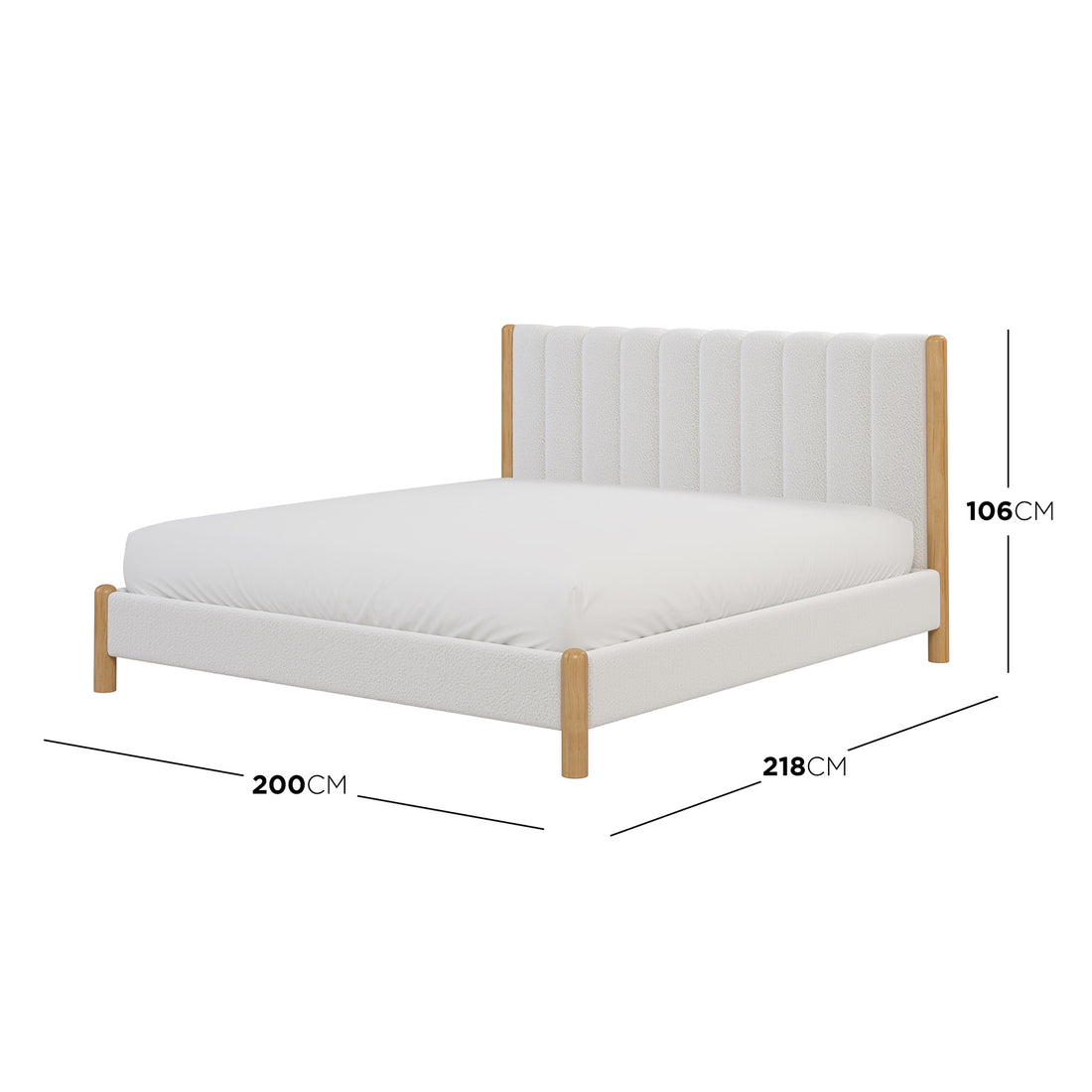 Dimension of the Harper Boucle King Bed Frame – Eggshell White: Close-up of a white bed with a wooden frame and legs, featuring plush boucle upholstery and a padded headboard for comfort and modern elegance.