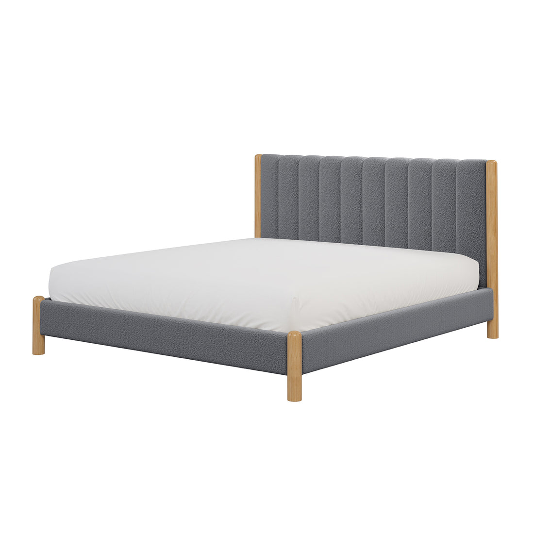 Harper Boucle King Bed Frame – Grey, showcasing a plush padded headboard, boucle upholstery, and sturdy eucalyptus hardwood frame, creating a modern and cozy bedroom aesthetic.