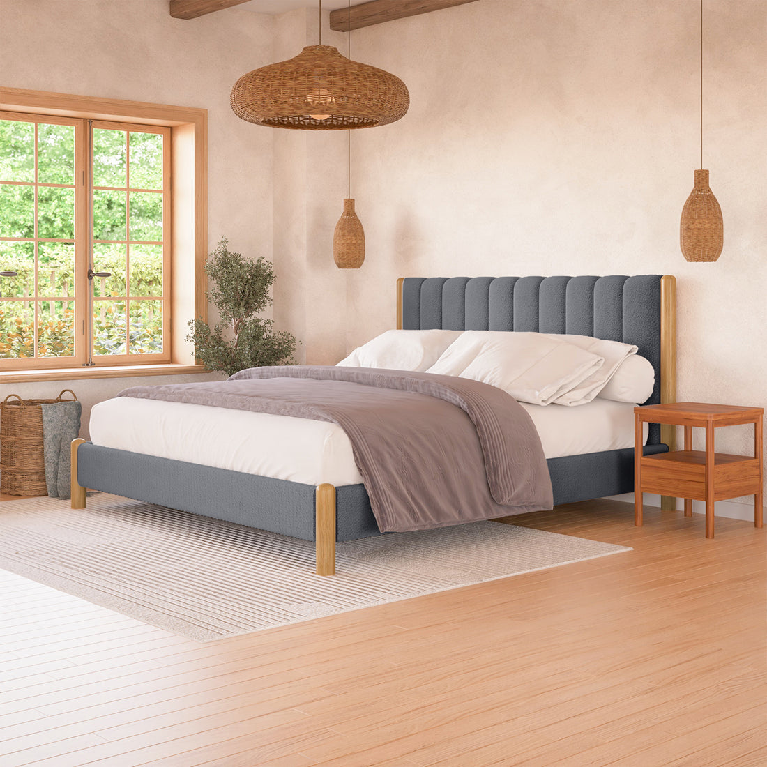 Harper Boucle King Bed Frame – Grey, featuring a textured boucle upholstery and a sturdy eucalyptus hardwood frame. Showcases a padded headboard and sleek rubber wood legs for a modern bedroom aesthetic.