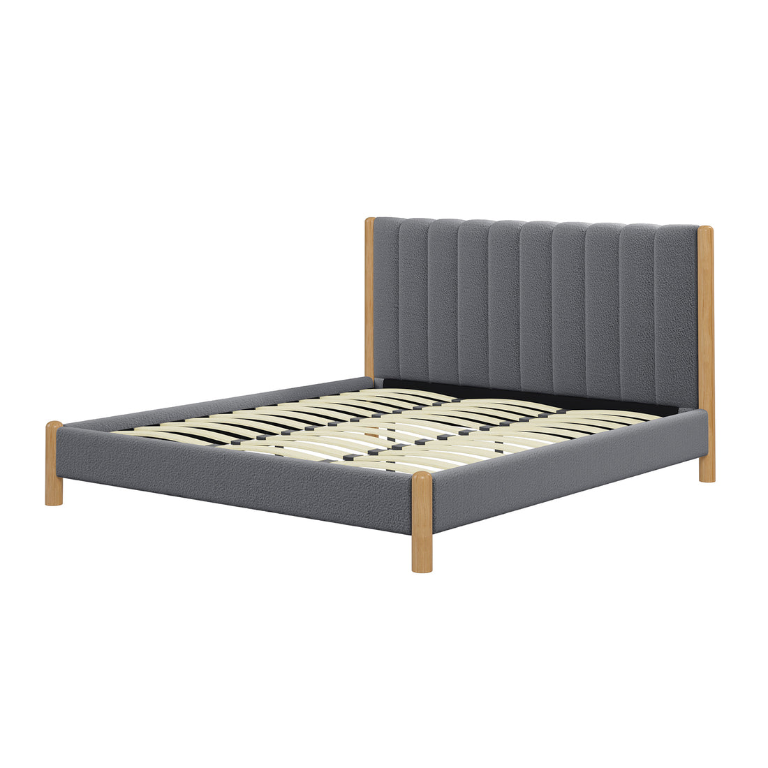 Harper Boucle King Bed Frame – Grey features a soft boucle-upholstered headboard, robust eucalyptus hardwood frame, and sleek rubber wood legs, offering a modern and cosy bedroom centerpiece.