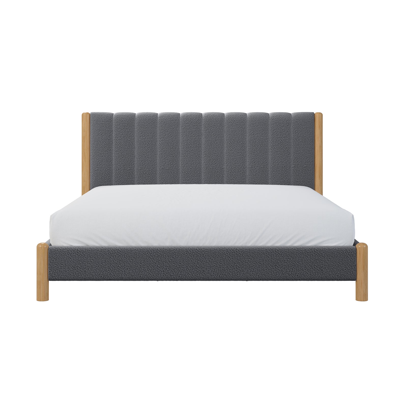 Harper Boucle King Bed Frame – Grey features a close-up of its boucle-upholstered headboard, sturdy eucalyptus hardwood frame, and premium fabric texture, showcasing luxury and durability for modern bedroom decor.