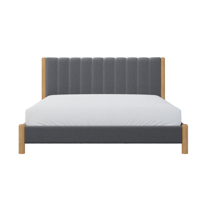 Harper Boucle King Bed Frame – Grey features a close-up of its boucle-upholstered headboard, sturdy eucalyptus hardwood frame, and premium fabric texture, showcasing luxury and durability for modern bedroom decor.