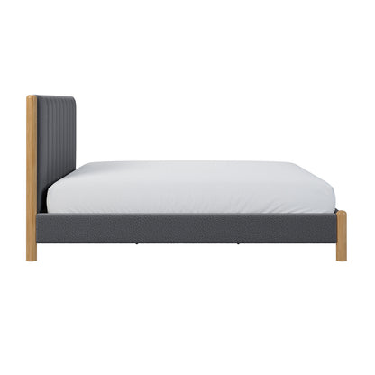 Harper Boucle King Bed Frame – Grey featuring a textured boucle upholstered headboard, sturdy eucalyptus hardwood frame, and elegant wood accents, offering a cozy and stylish focal point for modern bedrooms.
