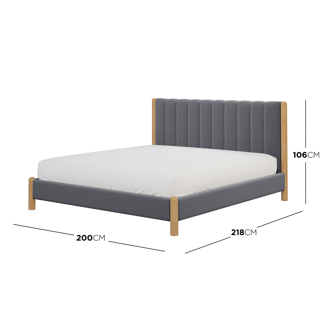 Harper Boucle King Bed Frame – Grey, featuring a soft grey boucle-upholstered headboard and white sheets, showcasing its elegant and cosy texture, complemented by sturdy eucalyptus hardwood construction for lasting support.