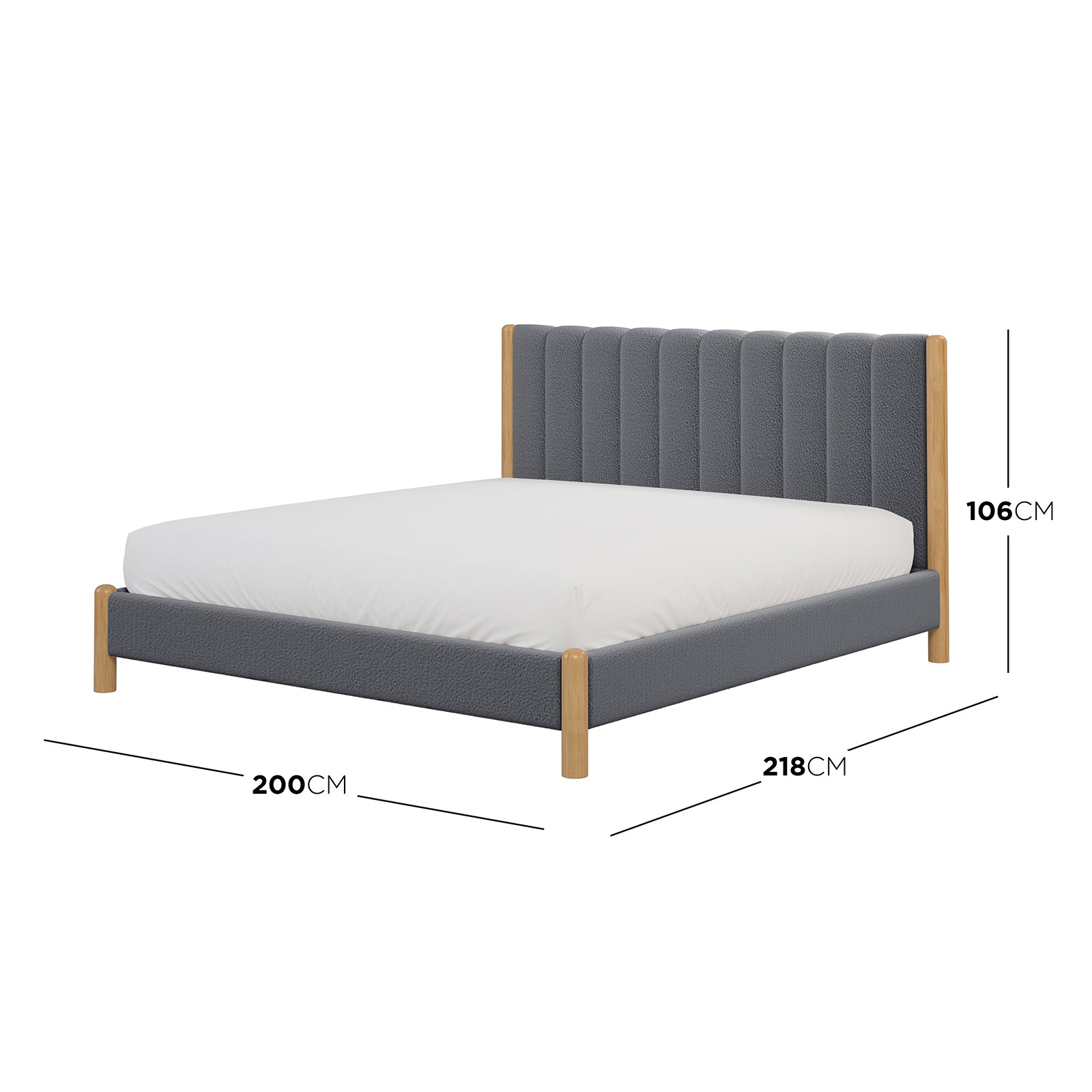 Harper Boucle King Bed Frame – Grey, featuring a soft grey boucle-upholstered headboard and white sheets, showcasing its elegant and cosy texture, complemented by sturdy eucalyptus hardwood construction for lasting support.