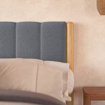 Harper Boucle King Bed Frame – Grey, showcasing a plush boucle-upholstered headboard with elegant timber accents and sturdy rubber wood legs, designed to enhance modern bedroom aesthetics.
