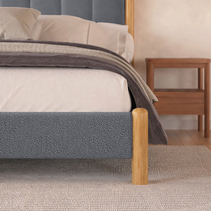 Harper Boucle King Bed Frame – Grey with textured boucle fabric and sturdy eucalyptus hardwood frame, featuring a padded headboard for comfort, elegantly designed for modern bedroom aesthetics.