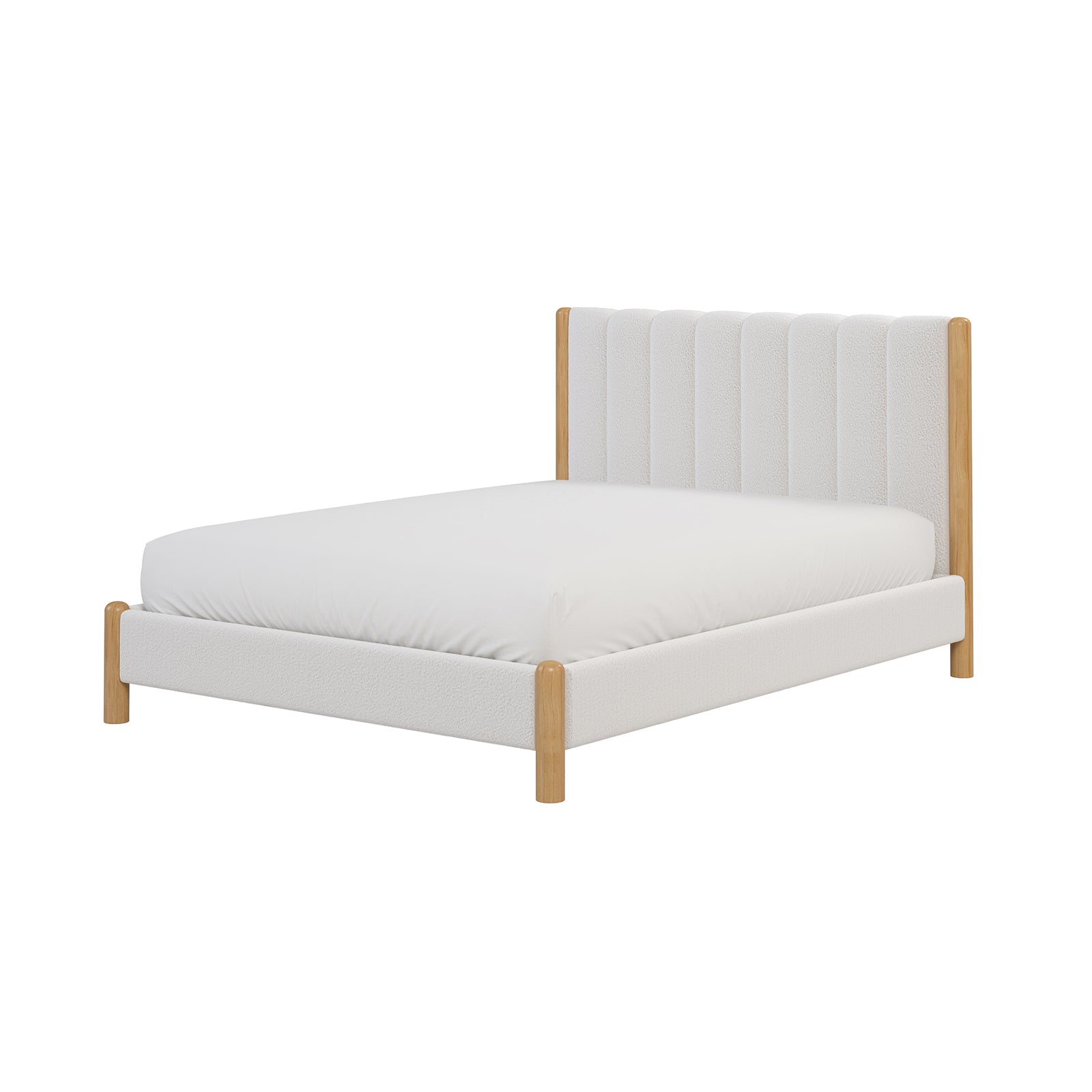 Harper Boucle Queen Bed Frame in Eggshell White features a plush boucle upholstered headboard, elegant rubber wood legs, and a sturdy eucalyptus hardwood frame, offering a blend of comfort and style.