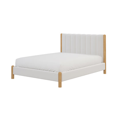 Harper Boucle Queen Bed Frame in Eggshell White features a plush boucle upholstered headboard, elegant rubber wood legs, and a sturdy eucalyptus hardwood frame, offering a blend of comfort and style.