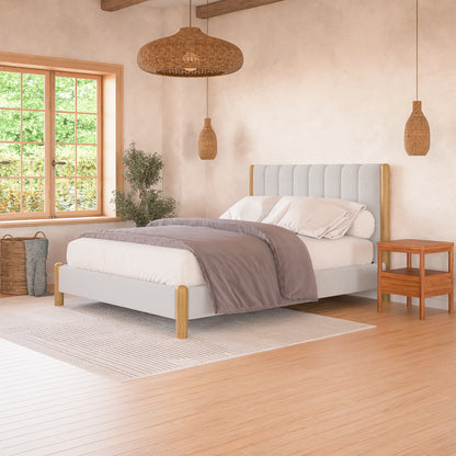 Harper Boucle Queen Bed Frame in Eggshell White showcasing soft boucle upholstery, a sturdy eucalyptus hardwood headboard, and stylish wood accents, perfectly blending modern style with cozy comfort.