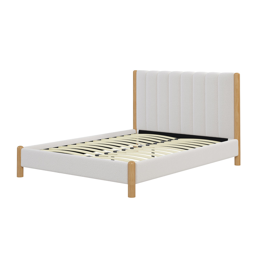 Harper Boucle Queen Bed Frame – Eggshell White: Close-up of a plush boucle-upholstered headboard, complemented by a sturdy wooden frame and legs, showcasing elegant design and cozy comfort.