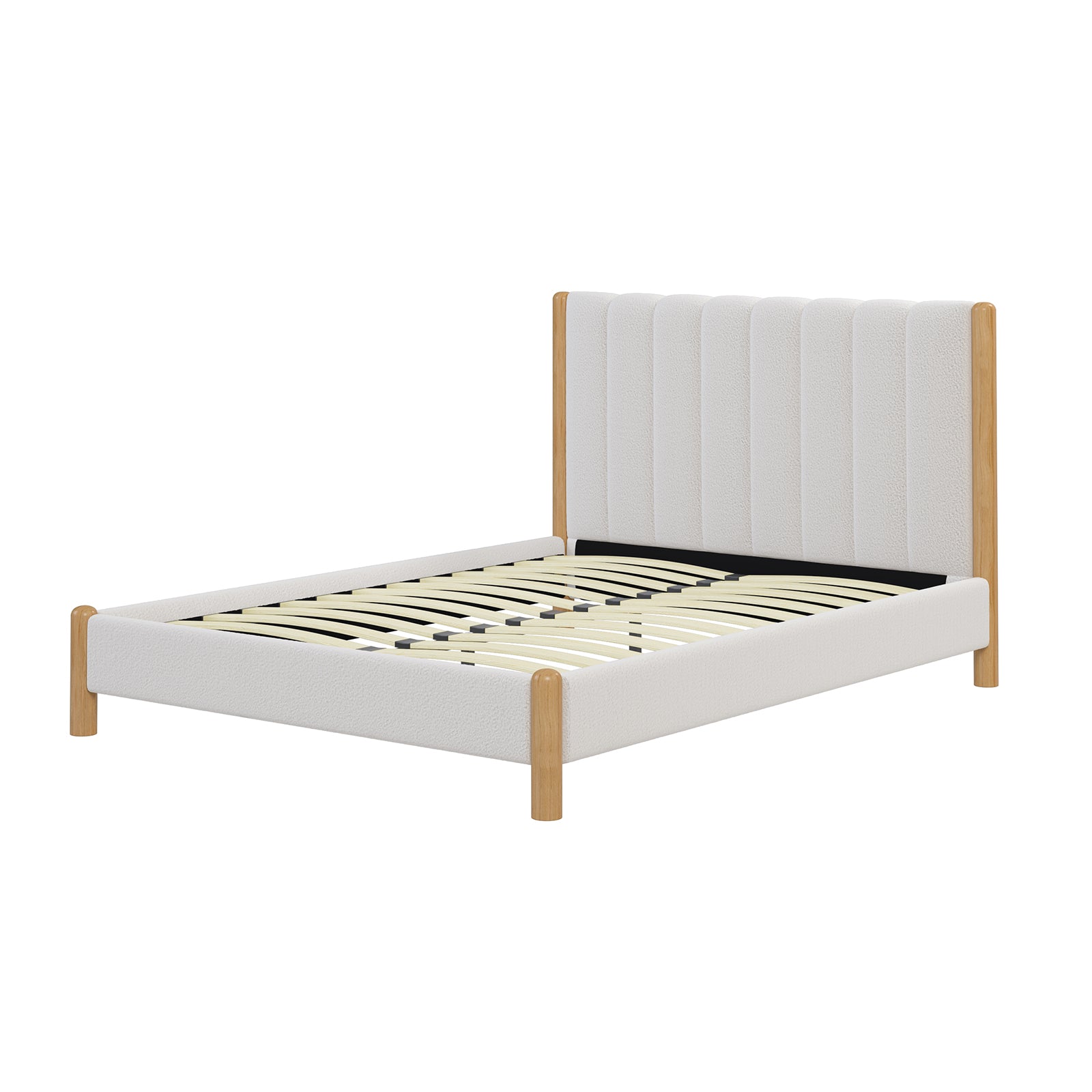 Harper Boucle Queen Bed Frame – Eggshell White: Close-up of a plush boucle-upholstered headboard, complemented by a sturdy wooden frame and legs, showcasing elegant design and cozy comfort.
