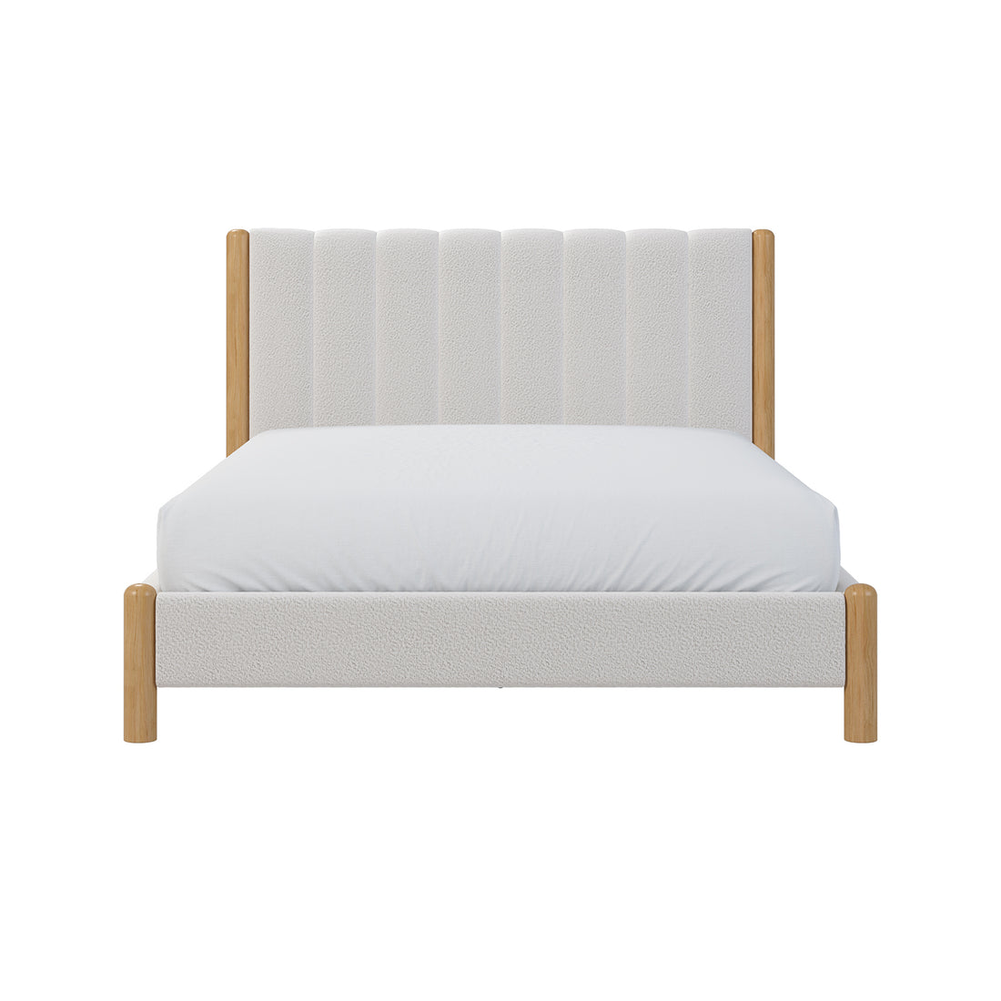 Harper Boucle Queen Bed Frame in Eggshell White, showcasing a plush boucle upholstery with a eucalyptus hardwood headboard, wood accents, and a padded headboard for comfort.