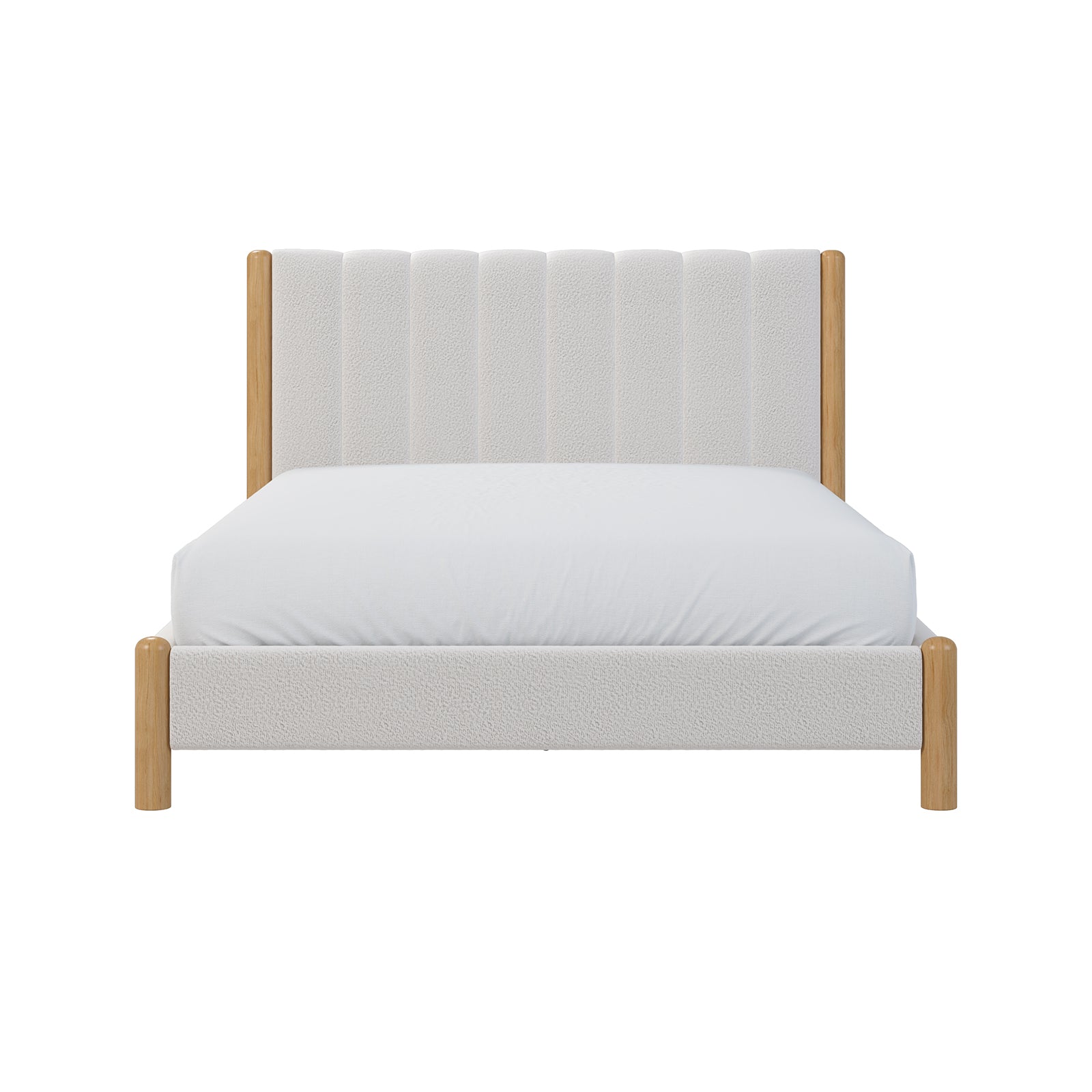 Harper Boucle Queen Bed Frame in Eggshell White, showcasing a plush boucle upholstery with a eucalyptus hardwood headboard, wood accents, and a padded headboard for comfort.