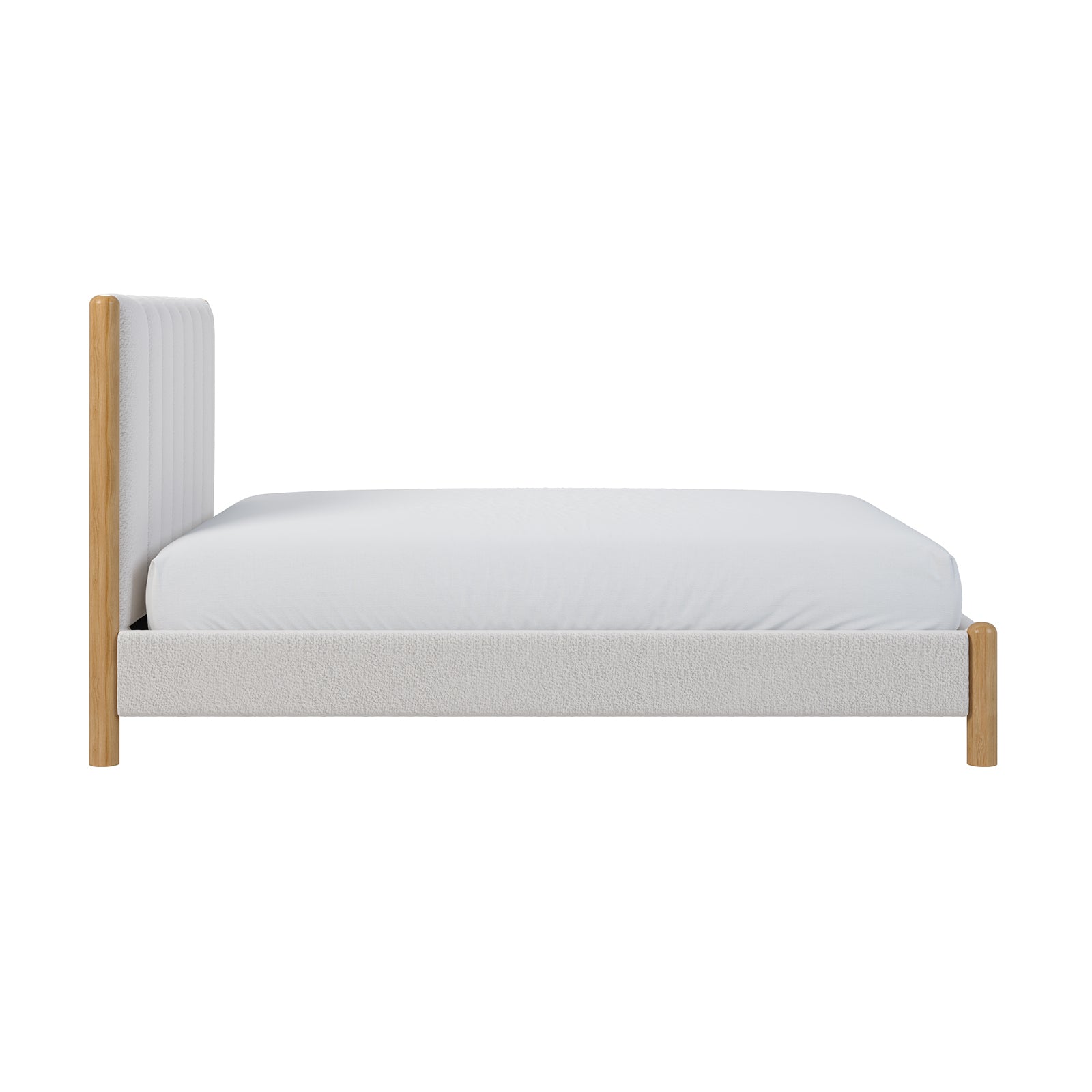 Harper Boucle Queen Bed Frame in Eggshell White, featuring soft boucle upholstery, a padded headboard, and sturdy eucalyptus hardwood frame with natural wood accents, designed for comfort and modern elegance.