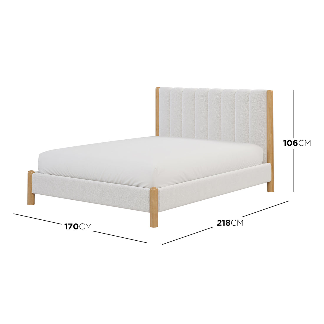 Harper Boucle Queen Bed Frame – Eggshell White features a plush boucle upholstered headboard and sturdy wooden frame, ideal for a modern, minimalist bedroom setting.