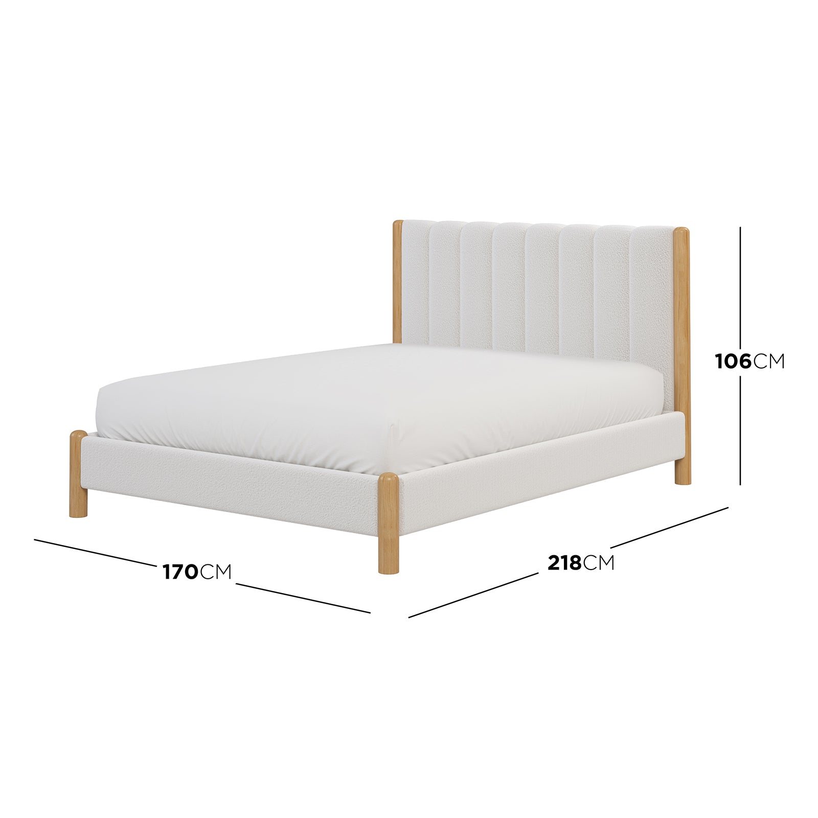 Harper Boucle Queen Bed Frame – Eggshell White features a plush boucle upholstered headboard and sturdy wooden frame, ideal for a modern, minimalist bedroom setting.