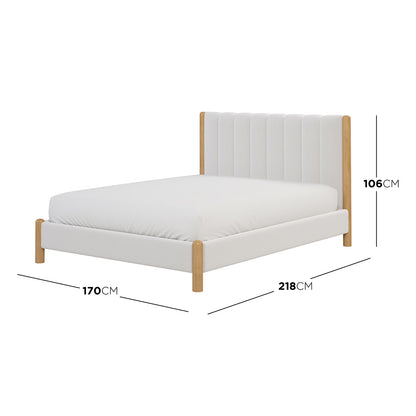 Harper Boucle Queen Bed Frame – Eggshell White features a plush boucle upholstered headboard and sturdy wooden frame, ideal for a modern, minimalist bedroom setting.