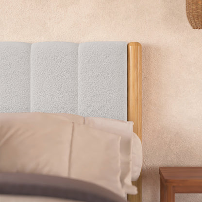 Harper Boucle Queen Bed Frame – Eggshell White featuring soft boucle upholstery with a padded headboard, eucalyptus hardwood frame, and rubber wood legs, showcasing a blend of luxury and durability.