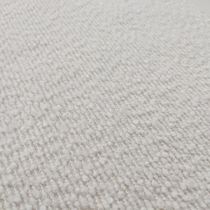 Harper Boucle Queen Bed Frame – Eggshell White showcasing its plush boucle upholstery and sturdy eucalyptus hardwood frame, highlighting the padded headboard and elegant wood accents on the frame's sides and legs.