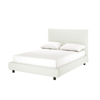 Havvan Double Linen Upholstered Fabric Bed Frame - Off White features a modern low-profile design with an ivory upholstered headboard, foam padding, and dark cylindrical legs, offering timeless elegance and comfort.