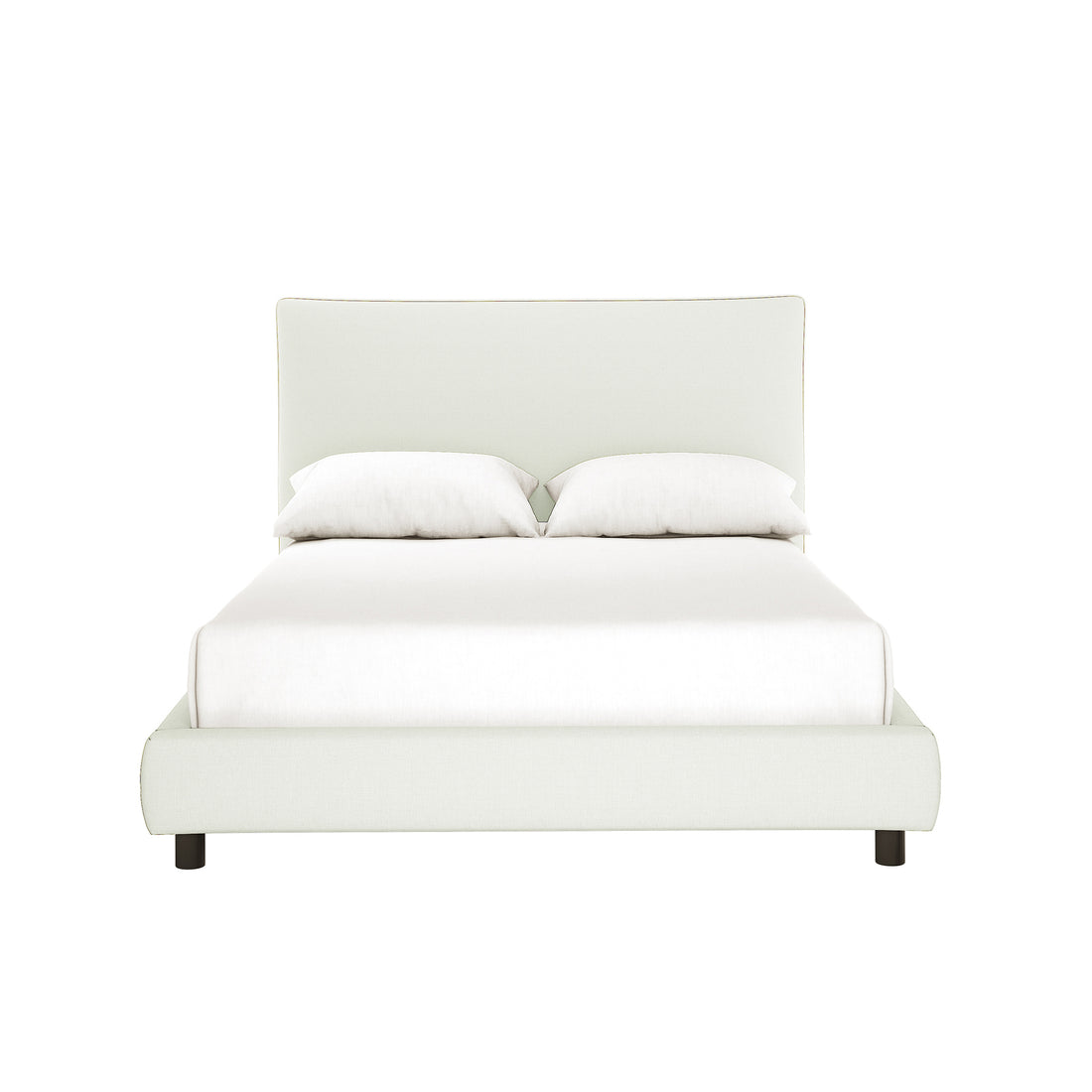 Havvan Double Linen Upholstered Fabric Bed Frame - Off White with a tall, curved headboard, low footboard, and plain white bedding, exudes modern elegance and comfort in soft, off-white linen.