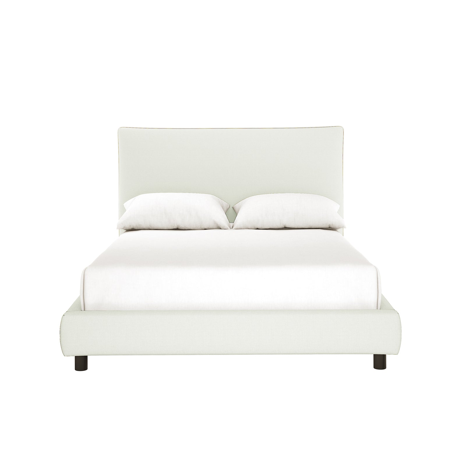 Havvan Double Linen Upholstered Fabric Bed Frame - Off White with a tall, curved headboard, low footboard, and plain white bedding, exudes modern elegance and comfort in soft, off-white linen.