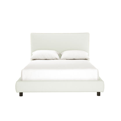 Havvan Double Linen Upholstered Fabric Bed Frame - Off White with a tall, curved headboard, low footboard, and plain white bedding, exudes modern elegance and comfort in soft, off-white linen.