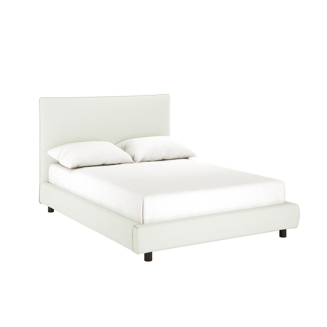 Havvan Double Linen Upholstered Fabric Bed Frame - Off White features a minimalist platform design with a curved headboard, white bedding, and dark legs, exuding timeless elegance and everyday comfort.