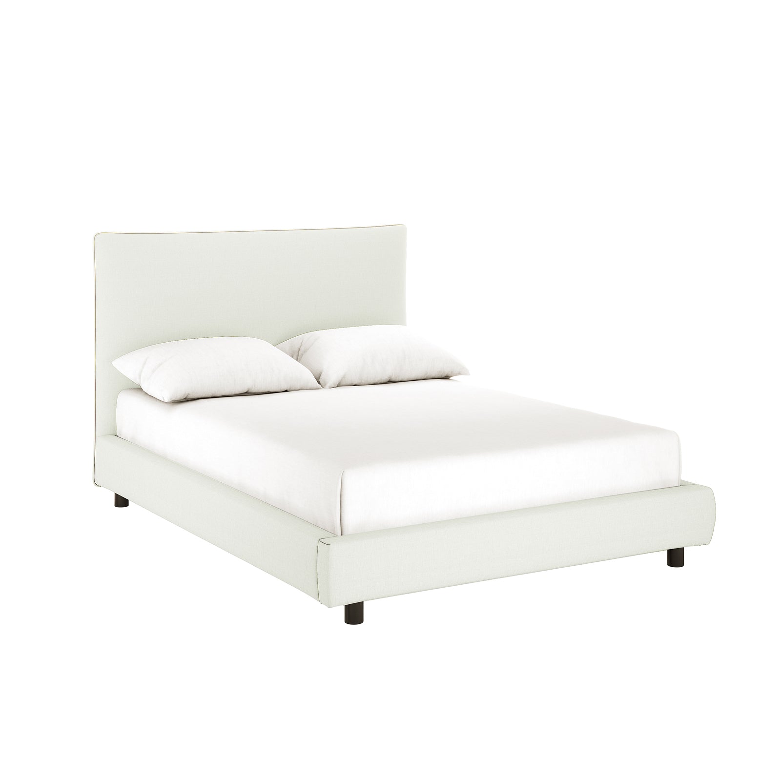 Havvan Double Linen Upholstered Fabric Bed Frame - Off White features a minimalist platform design with a curved headboard, white bedding, and dark legs, exuding timeless elegance and everyday comfort.
