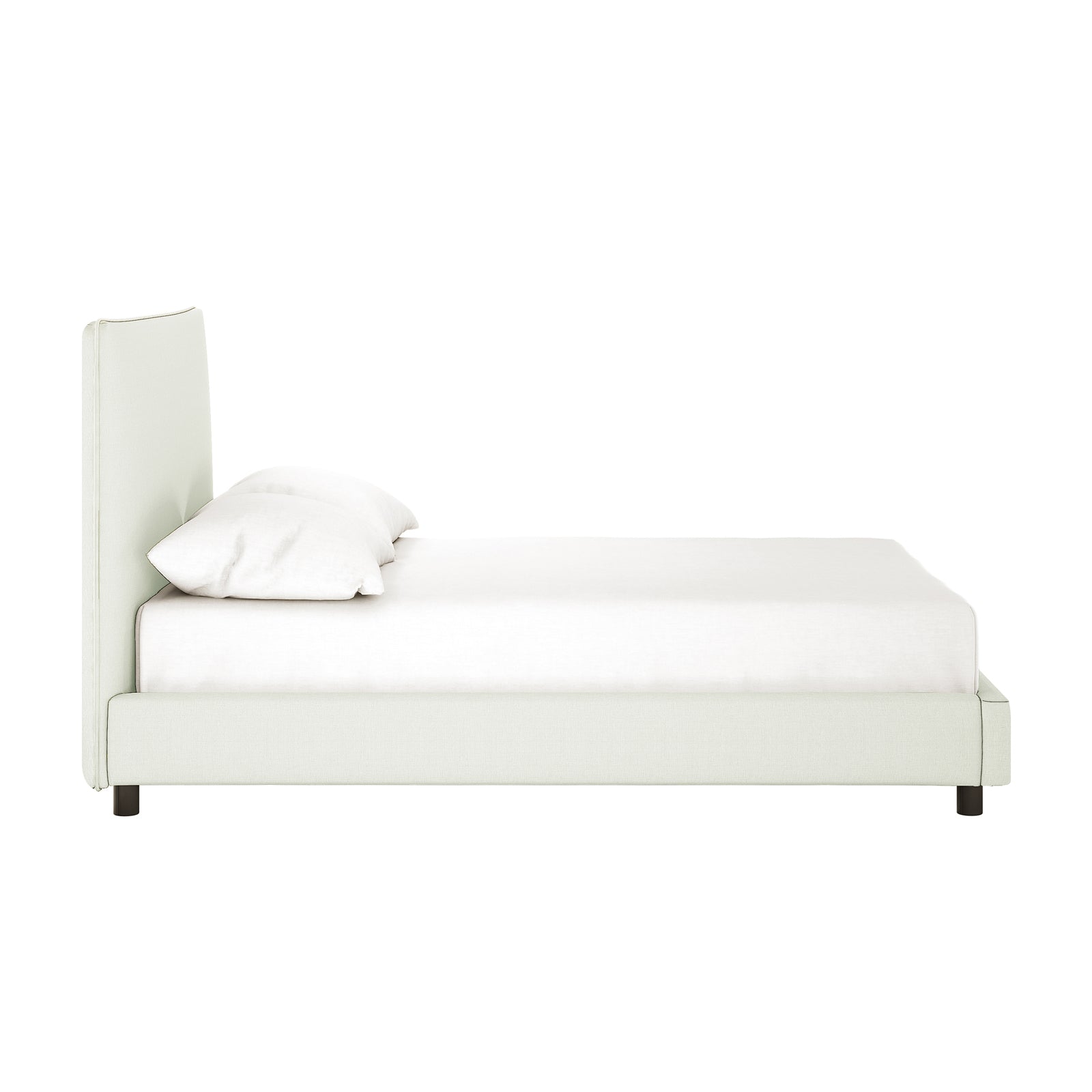 Side view of the Havvan Double Linen Upholstered Fabric Bed Frame in off-white, showcasing its tall upholstered headboard, white mattress and bedding, single pillow, and short dark legs.
