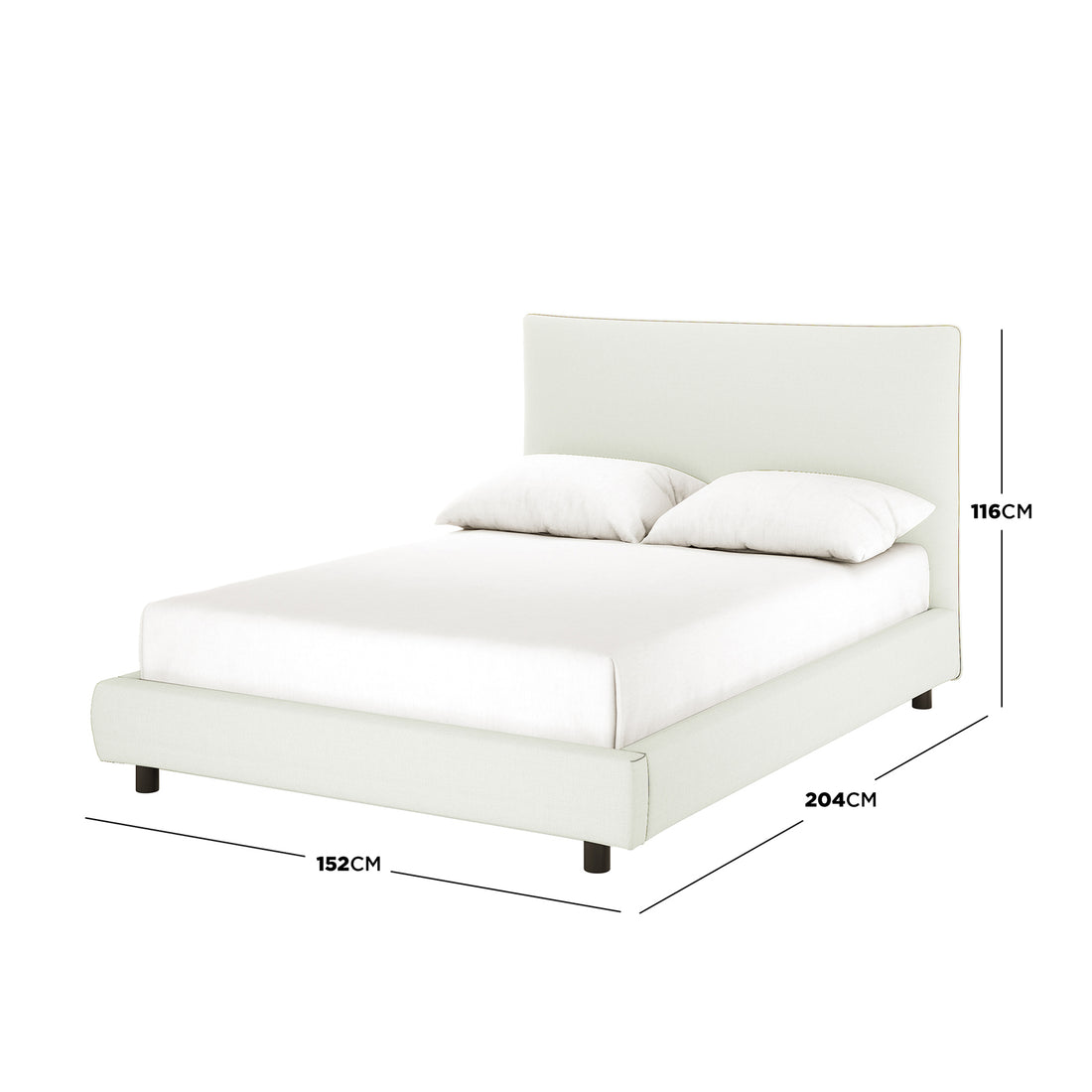 Havvan Double Linen Upholstered Fabric Bed Frame - Off White, featuring a padded headboard with two pillows, showcases a modern design with precise dimensions: 204cm length, 152cm width, 116cm height.