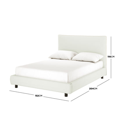 Havvan Double Linen Upholstered Fabric Bed Frame - Off White, featuring a padded headboard with two pillows, showcases a modern design with precise dimensions: 204cm length, 152cm width, 116cm height.