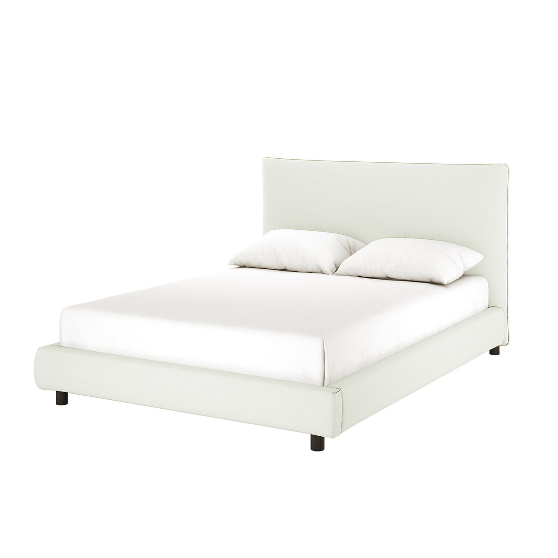 Havvan Queen Linen Upholstered Fabric Bed Frame - Off White, featuring a simple modern design with an upholstered headboard and frame, dressed in plain white bedding, supported by short round legs.