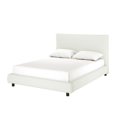 Havvan Queen Linen Upholstered Fabric Bed Frame - Off White, featuring a simple modern design with an upholstered headboard and frame, dressed in plain white bedding, supported by short round legs.