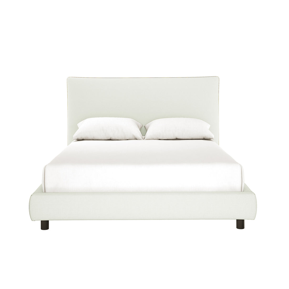 Havvan Queen Linen Upholstered Fabric Bed Frame - Off White, featuring a tall, curved headboard, solid base, white mattress and pillows, and dark legs for a modern, elegant look.