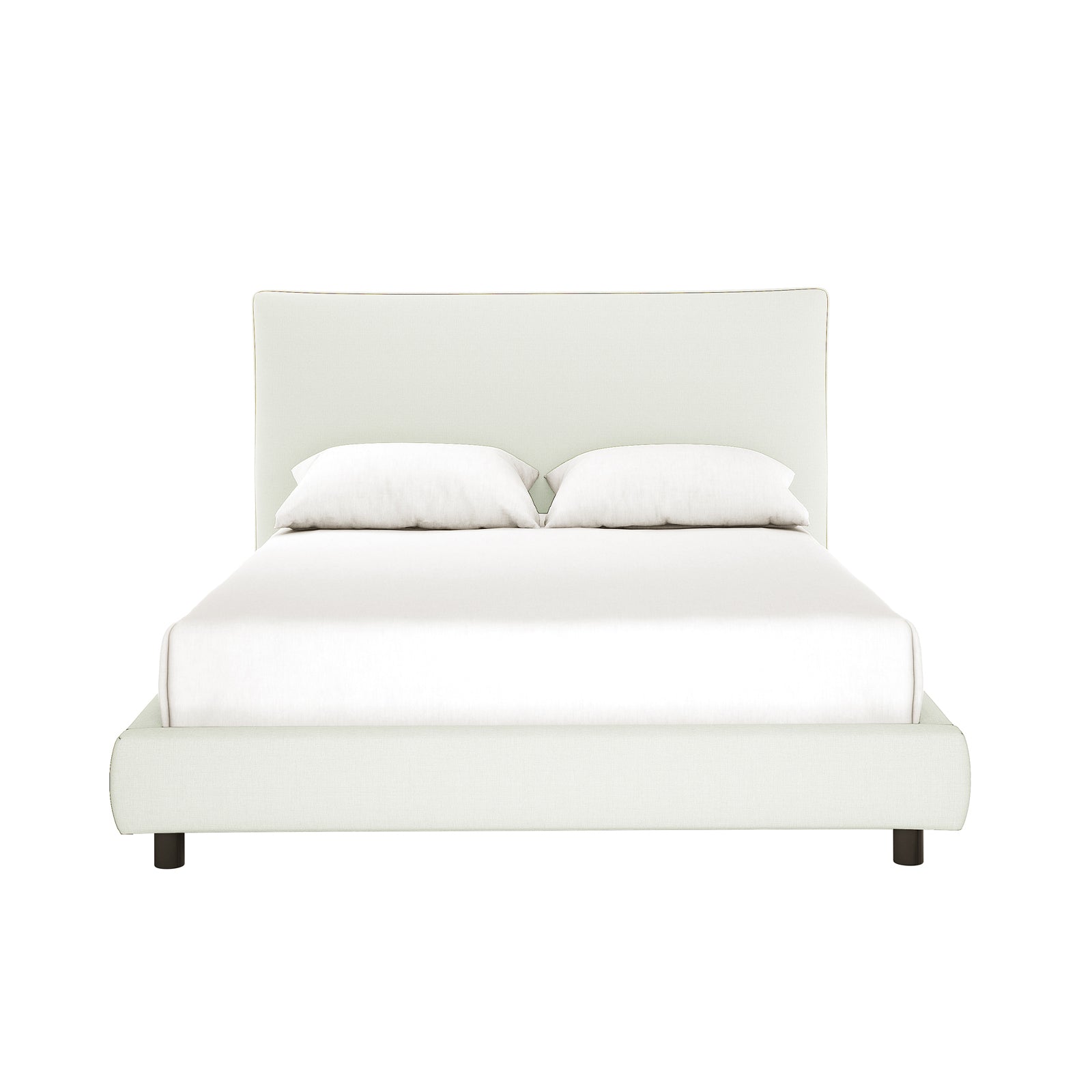Havvan Queen Linen Upholstered Fabric Bed Frame - Off White, featuring a tall, curved headboard, solid base, white mattress and pillows, and dark legs for a modern, elegant look.