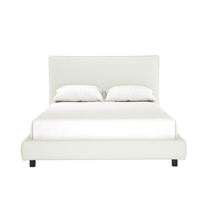 Havvan Queen Linen Upholstered Fabric Bed Frame - Off White, featuring a tall, curved headboard, solid base, white mattress and pillows, and dark legs for a modern, elegant look.