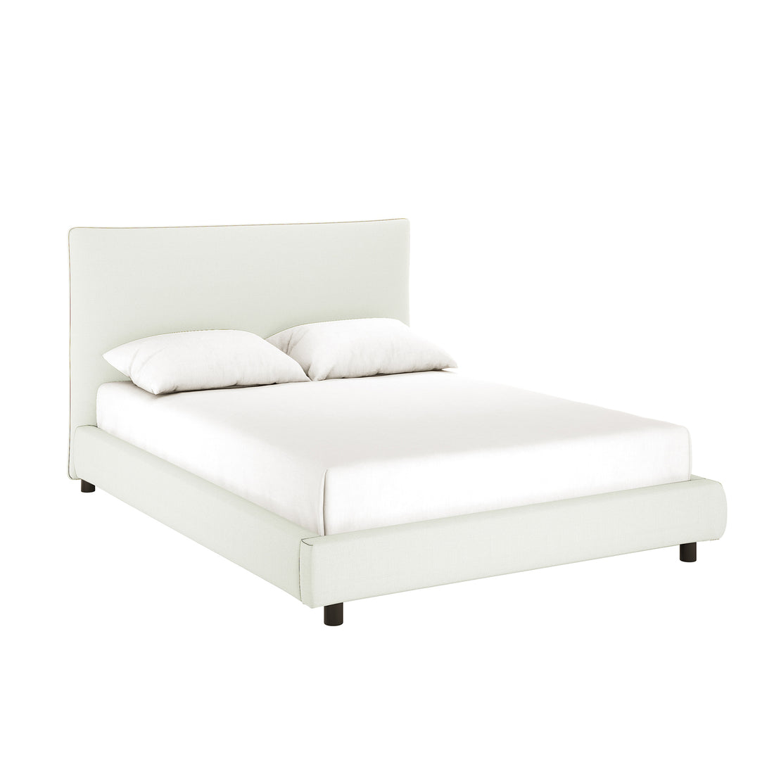 Havvan Queen Linen Upholstered Fabric Bed Frame - Off White features a low-profile design with a curved headboard, matching side rails, and short black legs, creating a sophisticated bedroom centerpiece.