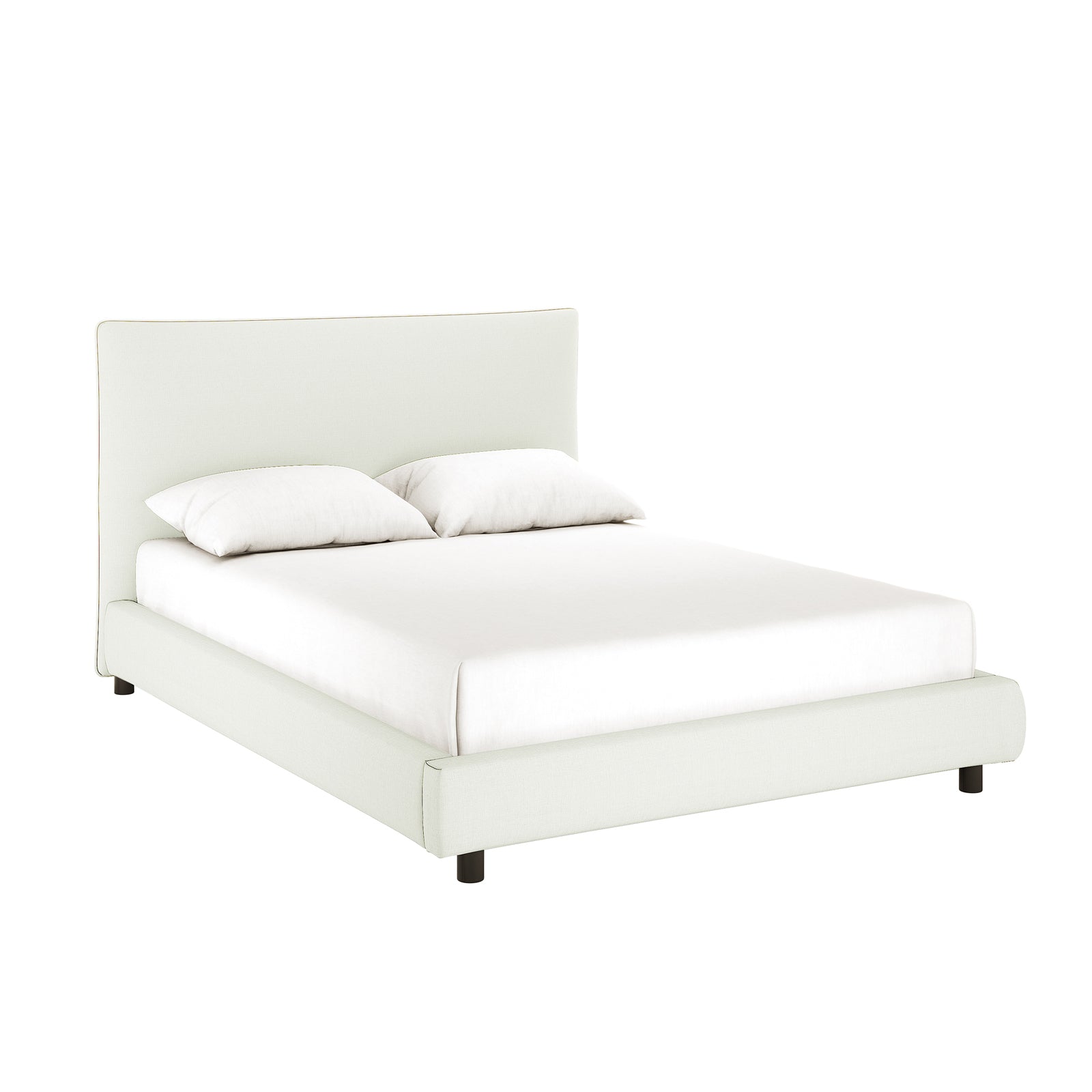 Havvan Queen Linen Upholstered Fabric Bed Frame - Off White features a low-profile design with a curved headboard, matching side rails, and short black legs, creating a sophisticated bedroom centerpiece.