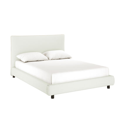Havvan Queen Linen Upholstered Fabric Bed Frame - Off White features a low-profile design with a curved headboard, matching side rails, and short black legs, creating a sophisticated bedroom centerpiece.