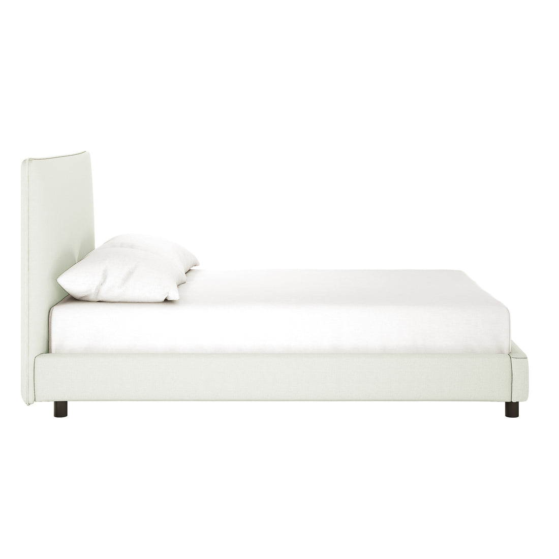 Havvan Queen Linen Upholstered Fabric Bed Frame - Off White, featuring a tall, fabric-covered headboard, white bedding on a platform with dark cylindrical legs, offering a minimalist, elegant design.