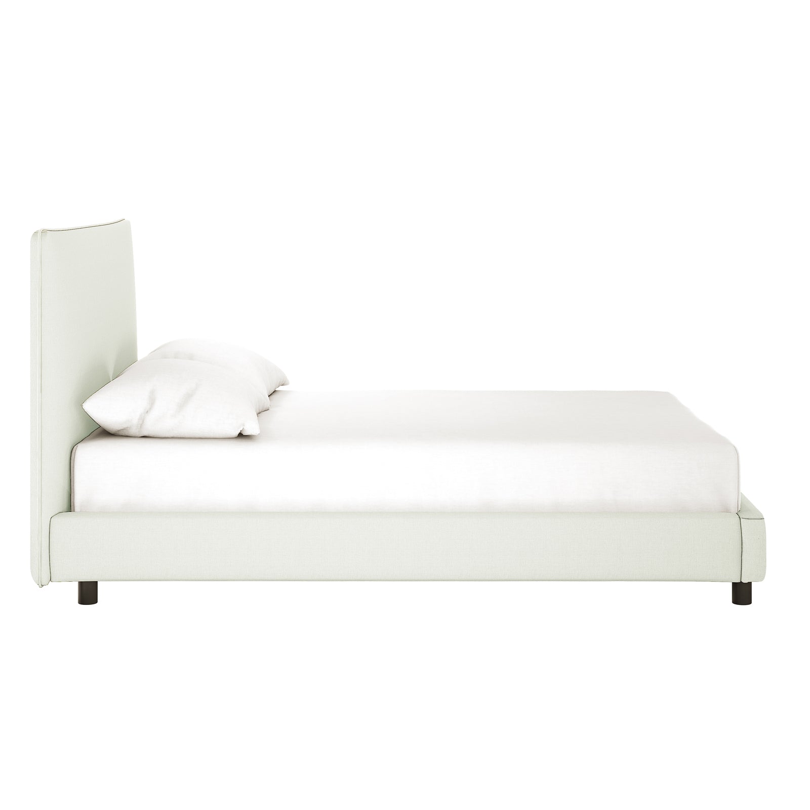 Havvan Queen Linen Upholstered Fabric Bed Frame - Off White, featuring a tall, fabric-covered headboard, white bedding on a platform with dark cylindrical legs, offering a minimalist, elegant design.