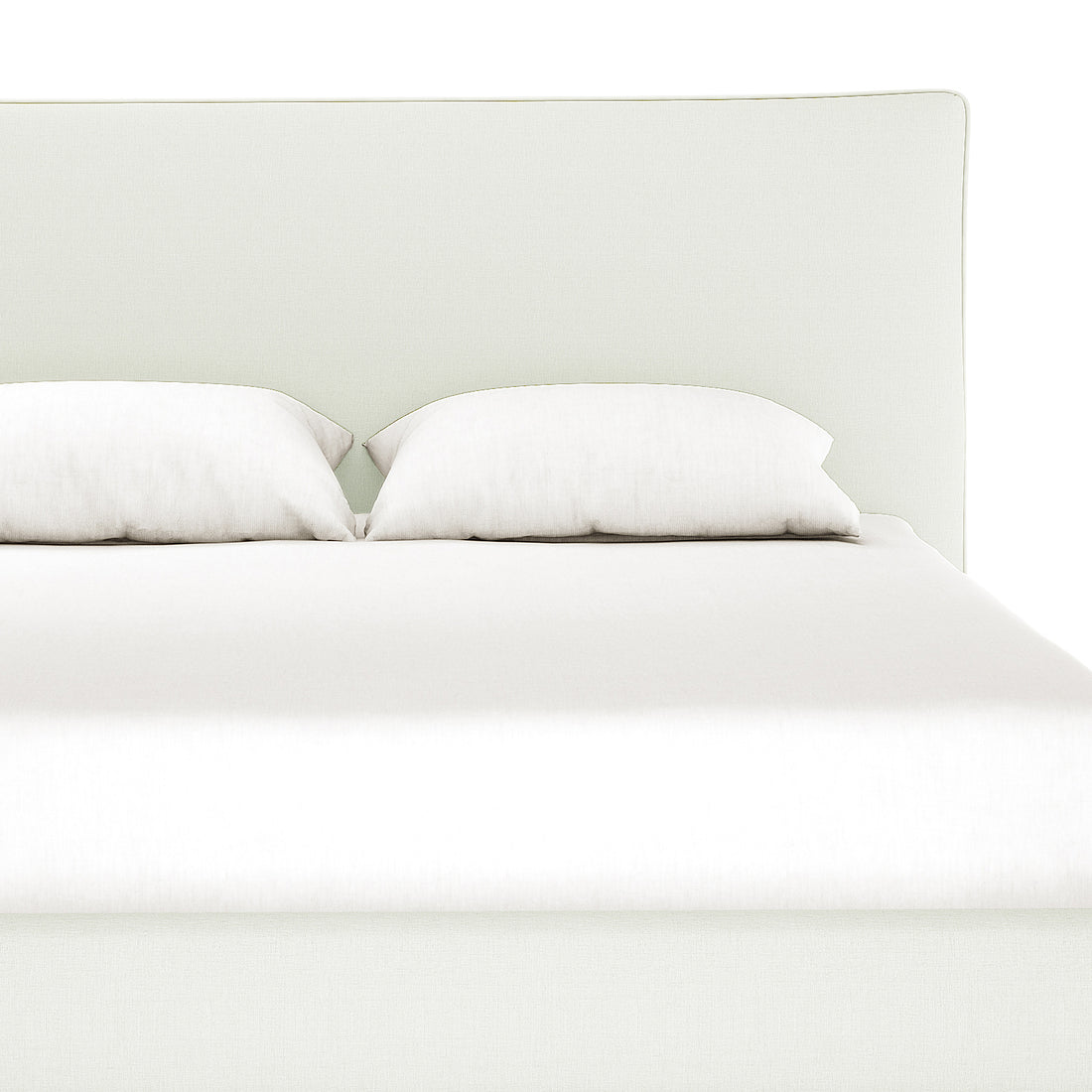 Havvan Queen Linen Upholstered Fabric Bed Frame - Off White, featuring a light, neutral upholstered headboard and frame, topped with a white sheet and matching pillows, viewed straight-on.