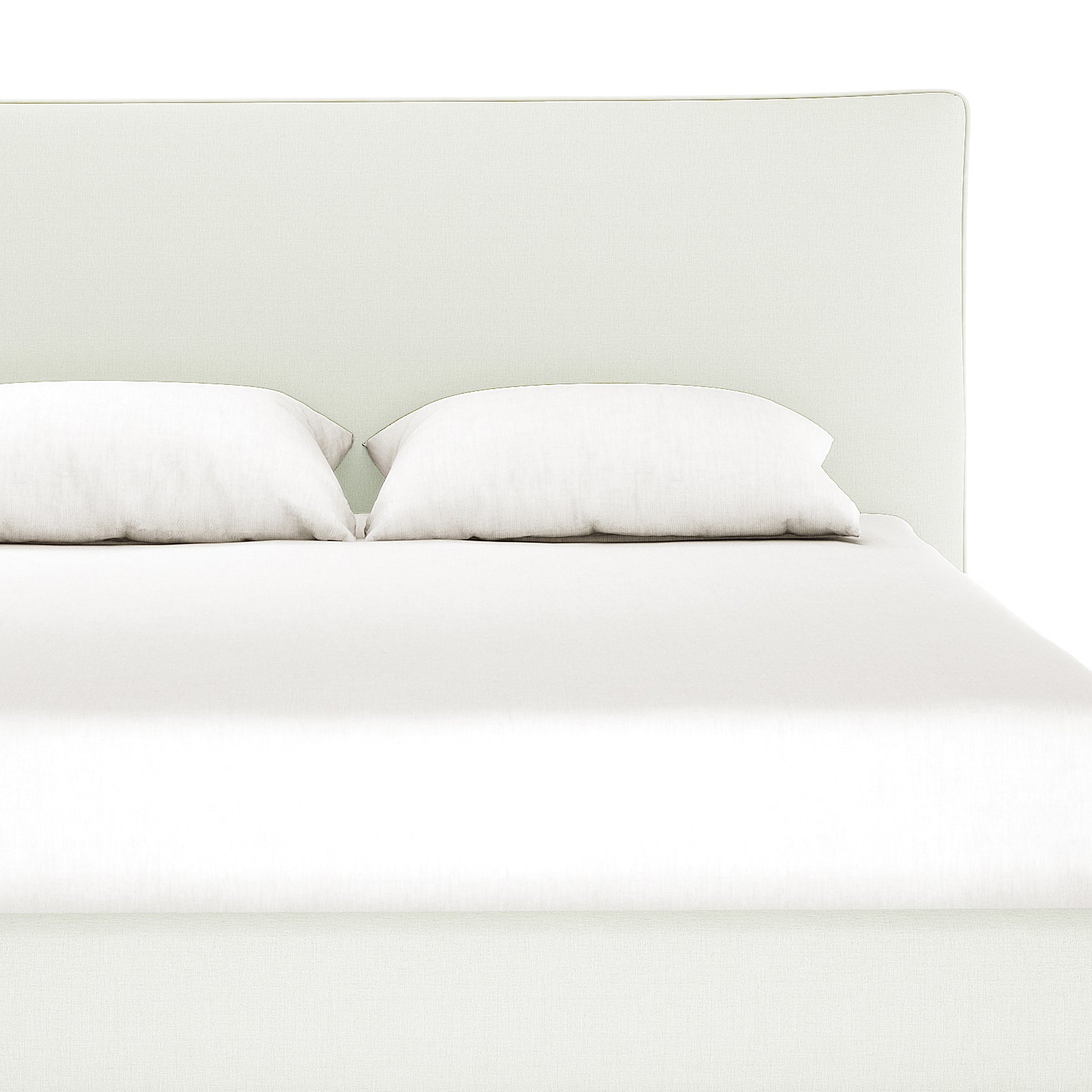 Havvan Queen Linen Upholstered Fabric Bed Frame - Off White, featuring a light, neutral upholstered headboard and frame, topped with a white sheet and matching pillows, viewed straight-on.