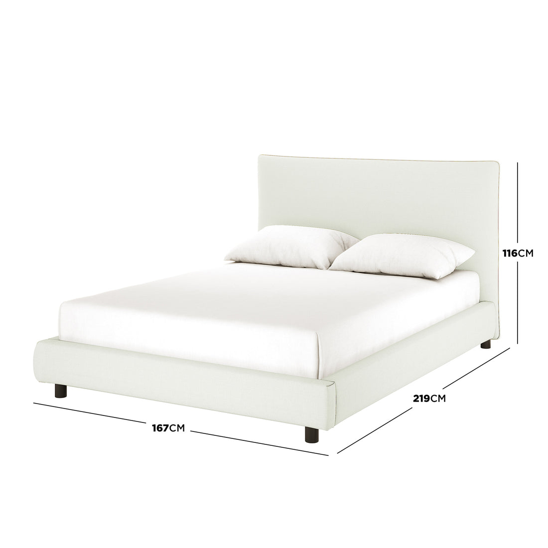 Havvan Queen Linen Upholstered Fabric Bed Frame - Off White, featuring a tall curved headboard, upholstered in light cream fabric, with compact dark legs and simple white bedding, dimensions: 167x219x116 cm.
