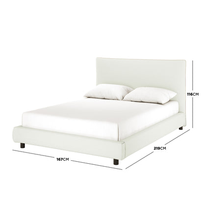 Havvan Queen Linen Upholstered Fabric Bed Frame - Off White, featuring a tall curved headboard, upholstered in light cream fabric, with compact dark legs and simple white bedding, dimensions: 167x219x116 cm.