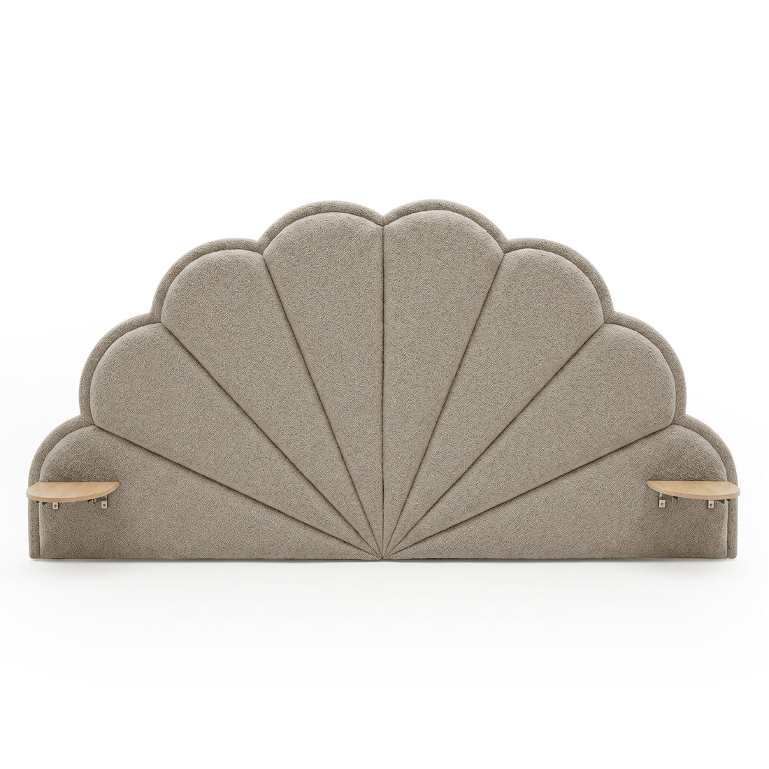 Clove King Scallop-Fan Headboard in Warm Beige Boucle with two attached timber side shelves