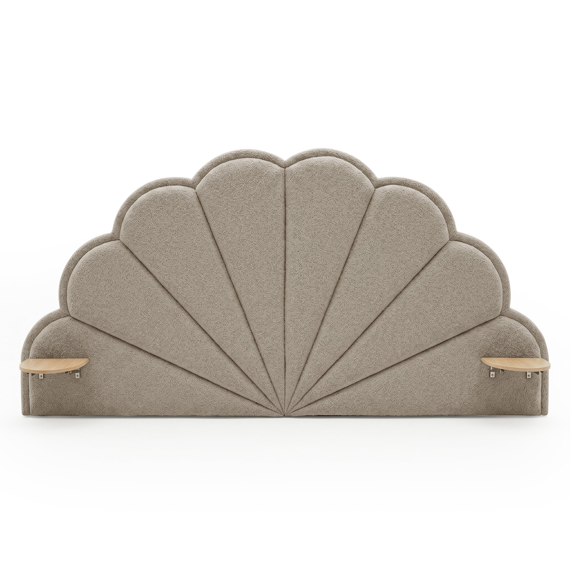 Clove King Scallop-Fan Headboard in Warm Beige Boucle with two attached timber side shelves