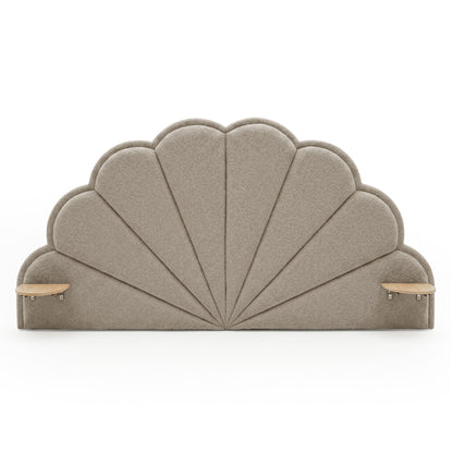 Clove King Scallop-Fan Headboard in Warm Beige Boucle with two attached timber side shelves